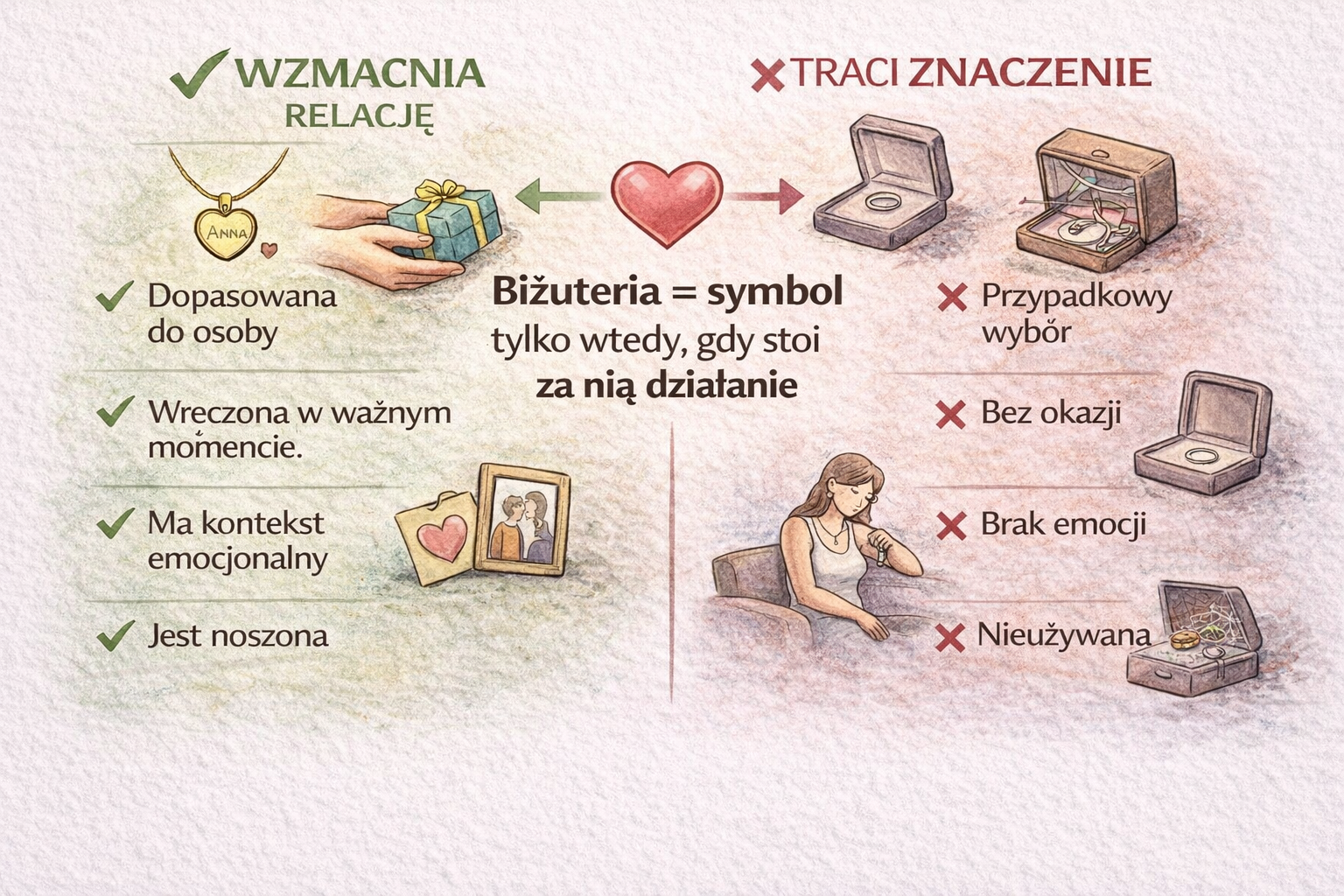 Schemat pokazujący kiedy biżuteria w relacji ma znaczenie symboliczne a kiedy jest tylko dodatkiem