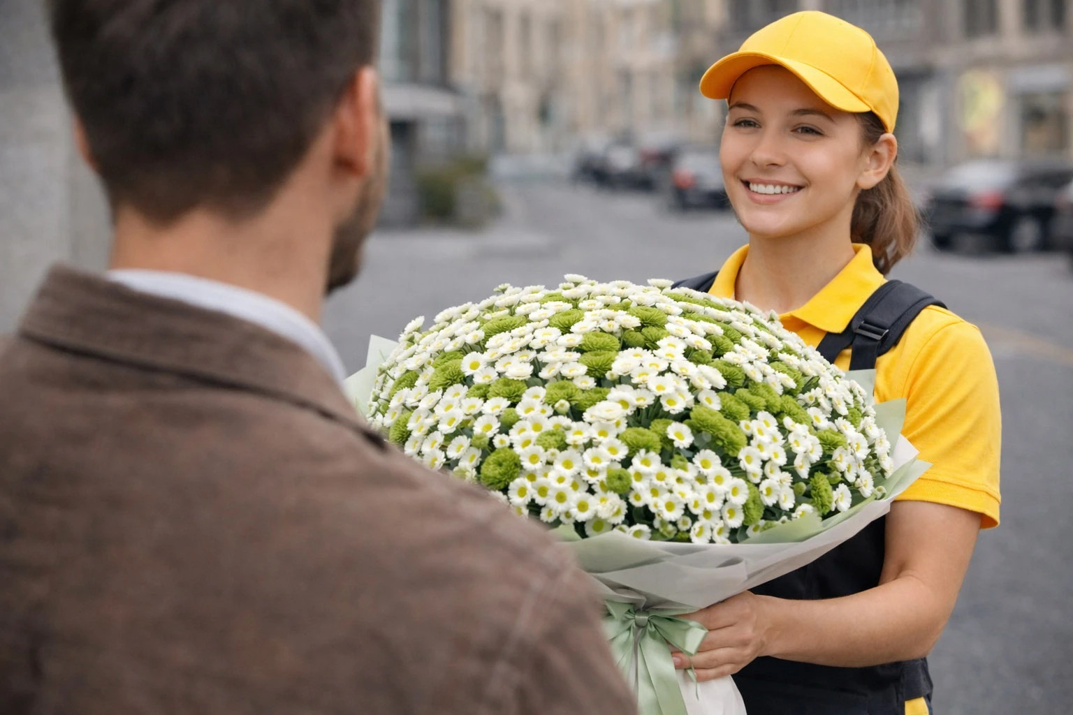 Moment doręczenia kwiatów przez kuriera prosto do rąk odbiorcy