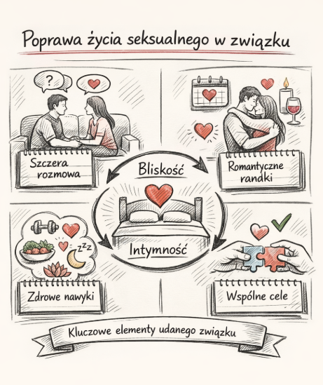Szkic pokazujący kluczowe elementy poprawy życia seksualnego w związku komunikację bliskość i wspólne nawyki