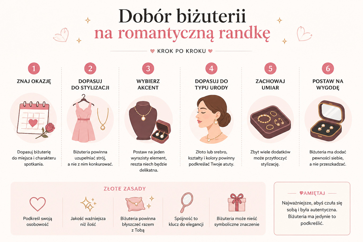 Dobór biżuterii na romantyczną randkę infografika krok po kroku z zasadami stylizacji i dodatków